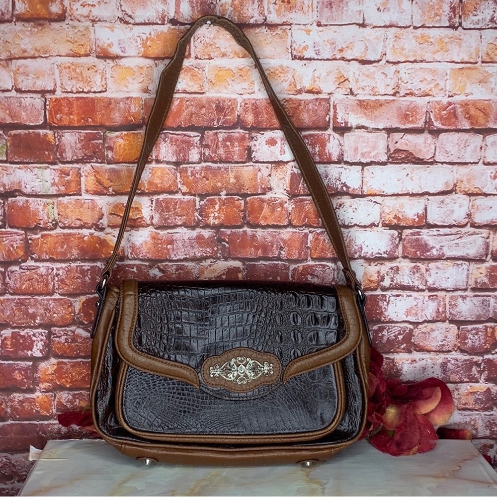 M.C. Tan and Brown Croc Embossed Leather Western Boho Shoulder Bag